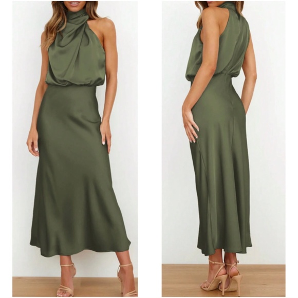 Luxe Sleeveless Satin Drape Neck Party Evening Midi Dress - Picture 4 of 7